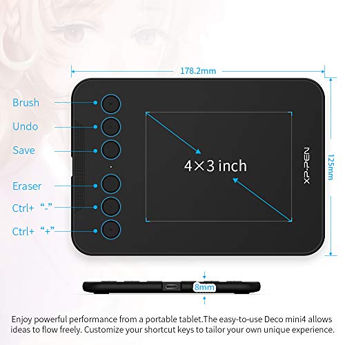 Image of XP-Pen Deco Mini 4 Graphics Pen Tablet 4 x 3 Inch with 8192 Levels Pressure Sensitivity Battery-Free Stylus, 6 Shortcut Keys & Android Support, Black Colour