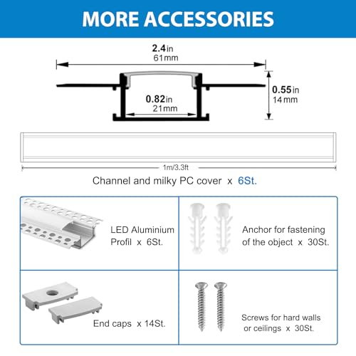Efishine 6-PACK 1M LED Aluminiumprofil für LED-Streifen, Trockenbauprofil für Wände und Decken, inkl. Clip-in Diffusor, kompatibel mit Philips Hue und breiteren Streifen