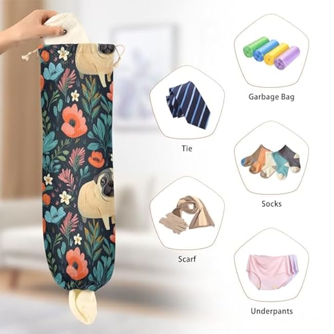 Flower with Pug Plastic Bag Holder, Large Grocery Bags Dispenser Washable Shopping Bags Carrier for Home Kitchen Decor, 2Pcs