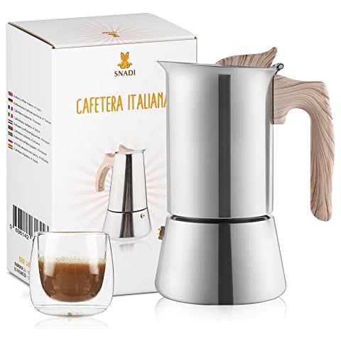 Snadi Italian mocha coffee maker. For 4 cups of espresso (200 ml) Stainless steel suitable for induction, ceramic hob, electric and gas. Professional kitchen Cover