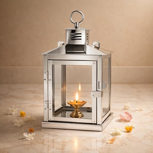 Spillbox Stainless Steel Wall Mounted Oil Lamp with Glass Cover|Windproof Hanging Diya Lantern Anaya Vilakku for Home & Temple Pooja|Decorative Candle Lantern for Indoor & Outdoor Use(Small)