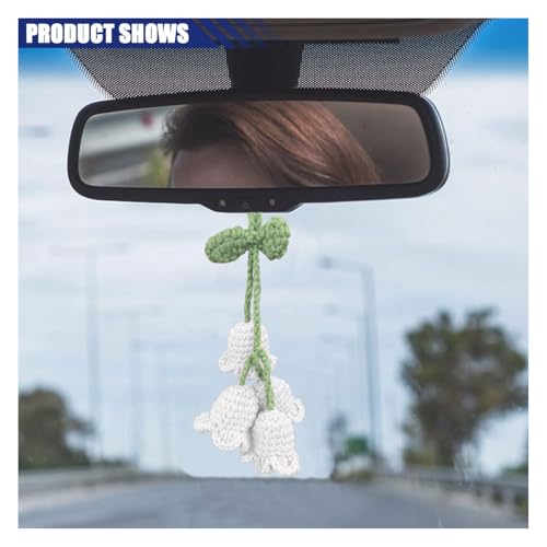Car Mirror Hanging Accessories, Cute Crochet Suzuran Car Rearview Mirror Charm, Handmade Knitting, Fit for Backpack, Keychain (White)