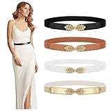 WERFORU 4 Pack Women Skinny Elastic Belts Ladies Fashion Stretchy Thin Waist Belt for Dresses Pants Black/White/Brown/Gold