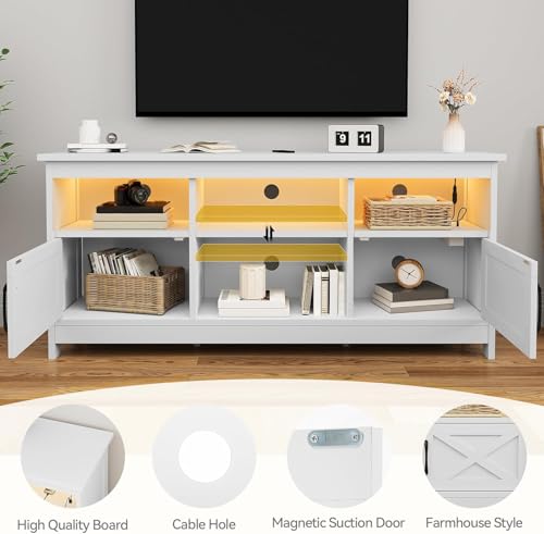 DWVO White TV Stand for 65 Inch TV, Entertainment Center, TV Cabinet with Power Outlet & LED Light Strip, Media Console Television Stands, Living Room Furniture 59 Inch