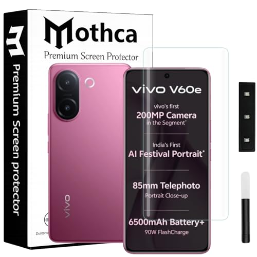 Image of Mothca Curved UV Tempered Glass Screen Protector for Vivo V60e | Transparent | Pack of 1 | Full Screen Coverage with UV Installation Kit
