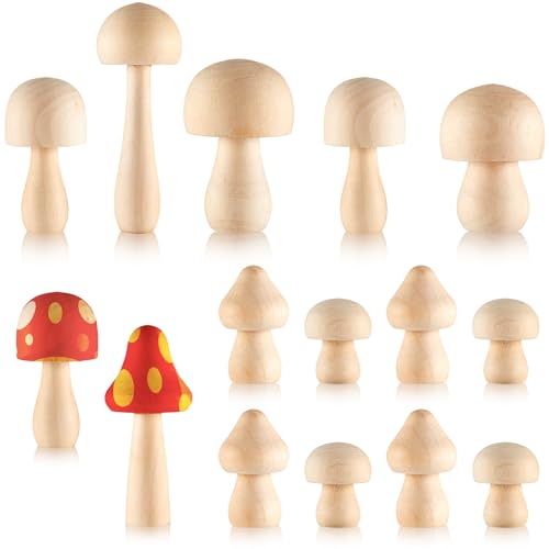 Jetec 15 Pieces Unfinished Wooden Mushroom for Crafts 7 Sizes DIY Natural Wooden Mini Mushrooms to Paint Themed Party Decor for Arts and Crafts Projects Home Desk Bookshelves Decoration