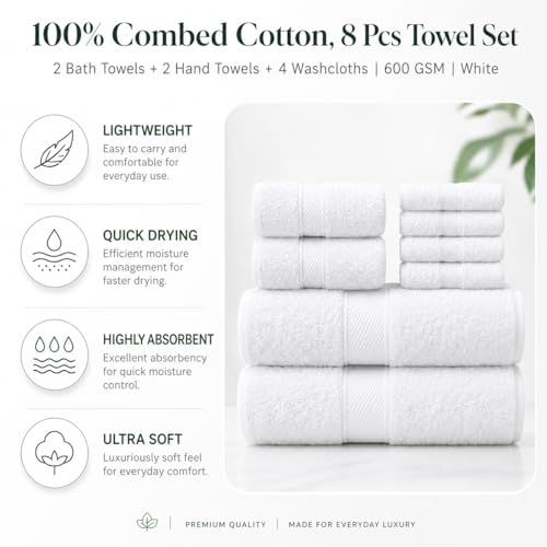 Image of Sulfar 100% Combed Cotton, 8 Pcs Towel Set - 2 Bath Towels (70 x 140 cm), 2 Hand Towels (40 x 70 cm) and 4 Washcloths (30 x 30 cm) (600 GSM, Pack of 8) White