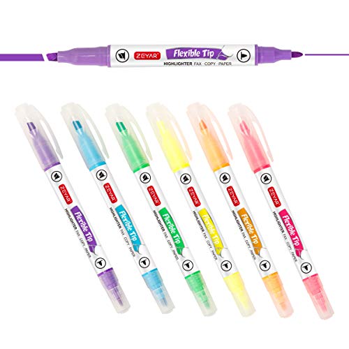 ZEYAR Flexible Tip Highlighter, Dual Tips Marker Pen, Chisel and Fine Tips, Flexible Tip and Soft Touch, Water Based, Assorted Colors, Quick Dry (6 Regular Colors)