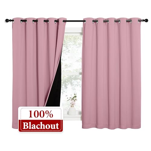 Image of NICETOWN 100% Blackout Curtains with Black Liners, Thermal Insulated Full Blackout 2-Layer Lined Drapes, Energy Efficiency Window Draperies for Bedroom (Crystal Pink, 2 Panels, 62-inch W by 63-inch L)