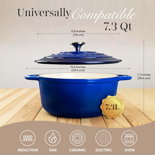 Image of Cast Iron Dutch Oven with Lid - Non-Stick Ovenproof Enamelled Casserole Pot - Sturdy Dutch Oven Cookware - Dark Blue, 7.3-Quart, 30cm - by Nuovva