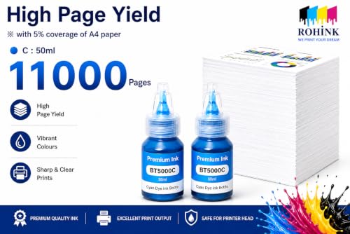 Image of ROHINK Premium Dye Ink Bottles for Brother Printers, T220, T300, T310, T420, T500, T520, T820, T920, T510, T910, T710, T4500W, T800W, T710W - Printer (BTD5000 Cyan Pack 2)