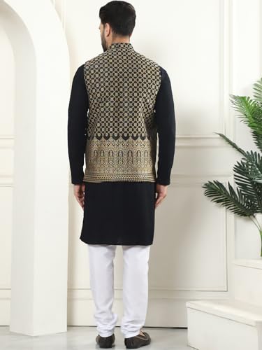 Image of SOJANYA (Since 1958 Men's Cotton Linen Maroon Kurta and White Pyjama with Mustard Cotton Nehru Jacket
