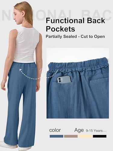 Image of Rolanko Girls Wide Leg Linen Pants Breathable Flowy Palazzo Trousers for School Beach Daily Wear 9-15 Years