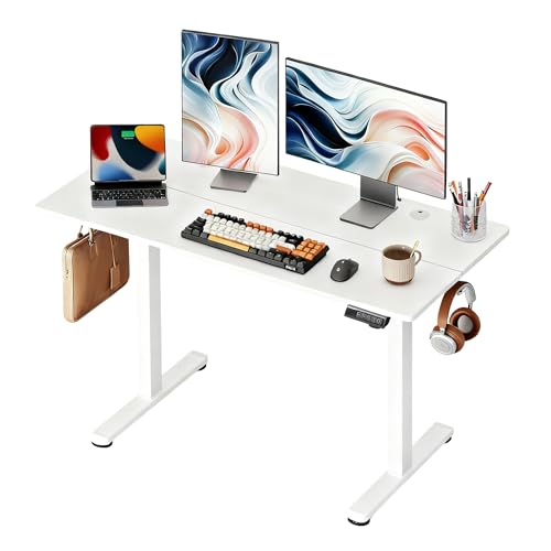 DEVAISE 48 Inch Electric Standing Desk, 3 Adjustable Height Stand up Desk for Home Office, Ergonomic Sit to Stand Desk with LED Touchscreen，Headphone Hook, 3 Memory Preset Computer Desk (White)