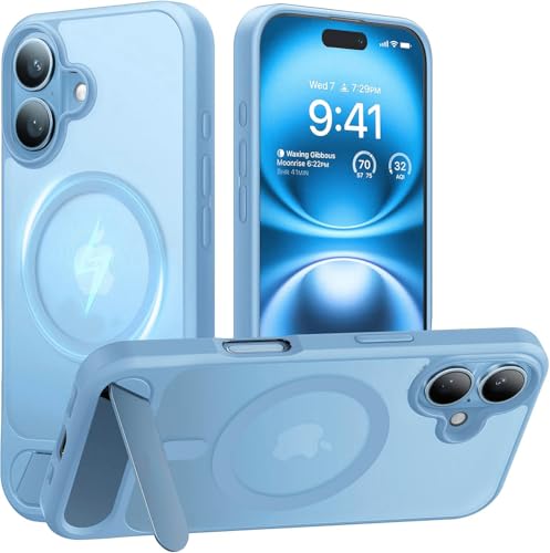 Image of VONZEE Magnetic Case Compatible with iPhone 16, Adjustable Metal Kickstand, MagSafe Compatible Translucent Matte Shockproof Protective Phone Case, Slim Anti-Scratch Cover for iPhone 16, Official Blue
