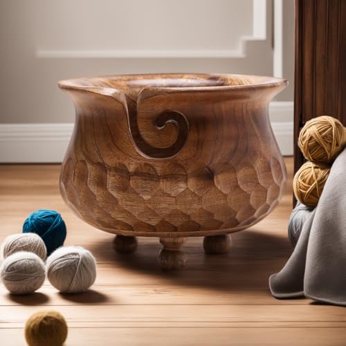 Image of Large Pot Yarn Bowl, 7 x 4 Inch Wooden Knitting Holder | Mango Wood, Holds 2 Yarn Skeins, 3-Leg Support, Tangle-Free, Smooth Finish, Pot Shape, Giftable