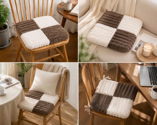 Image of Amazon Brand - Umi Taupe & White Checkerboard Faux Fur Chair Seat Cushions, 16x16 Inch Fluffy Dining Chair Pads with Ties, Foam-Filled Modern Neutral Chair Pads, Set of 2