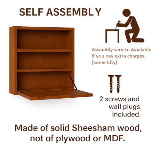 Image of Solid Sheesham Wood Wall Mounted Foldable Study Desk | Honey Finish | Space Saving Writing Table with Shelves | Self Assembly with Screws & Plugs (Honey)