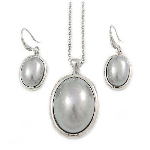 Colgante ovalado de perla gris claro y pendientes juego de joyas con cadena de 48 cm