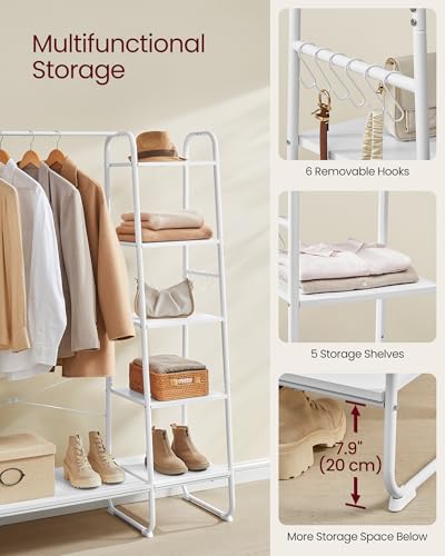 VASAGLE Clothes Rail, Clothes Rack with Shoe Shelf, 5-Tier Storage Rack, 6 Side Hooks, for Bedroom, Living Room, Cloud White and Matte White RGR116W02 - Image 5