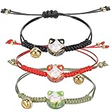SOPOTUTU 3 Piezas Pulsera de Gato Suerte Linda Dijes de Gato y Campana Ajustable para Pulseras de Hombre y Mujer de Hilo Suerte