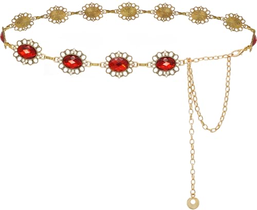 HIQUACC Womens Western Concho Chain Belt Glass Diamond Waist Chain Rhinestone Metal Belts for Dress (Gold Red-S)