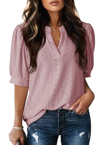 Image of Dokotoo Womens Blouses V Neck Puff Short Sleeve Business Casual Tops