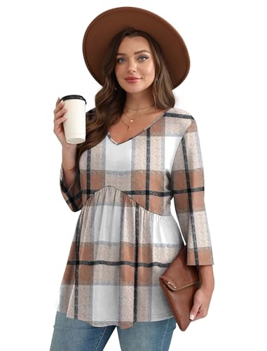 Image of OFEEFAN 3 /4 Length Sleeve Womens Tops 2026 Blouses for Women Dressy Casual Fashion Clothing V Neck Babydoll Tops Fall Outfits