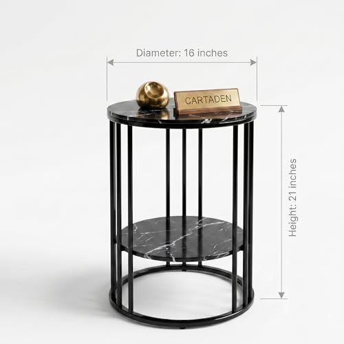 Image of CARTADEN Side Table, Small Round End Table with Lower Shelf, Nightstand for Small Spaces, Bedside Coffee Table for Living Room, Bedroom Full Black