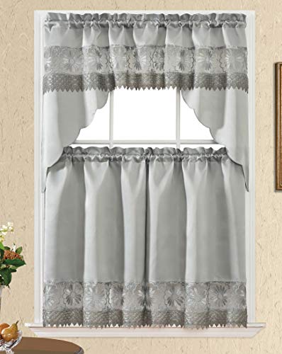 GOHD Daisy Dream. Kitchen Cafe Curtain Set for Small Windows. Satin Fabric with Matching Color Daisy Embroidery and Lace. (Grey, Swag and 36 inches Tiers Set)