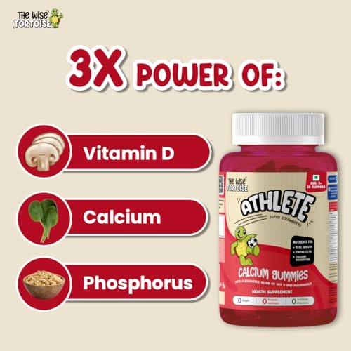 Image of Athlete 0 Sugar Calcium + Vitamin D Gummies | Added Prebiotics | 5-15 Years | Bone Strength, Growth & Teeth Health | Super Strawberry Flavor | 30 Gummies | The Wise Tortoise TWT