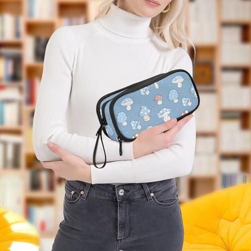 Image of ALAZA Mushrooms Blue Pencil Case Large Capacity Pencil Pouch Box Boys Girls School Supplies Pen Case Bag with Handle 3 Compartments Zipper