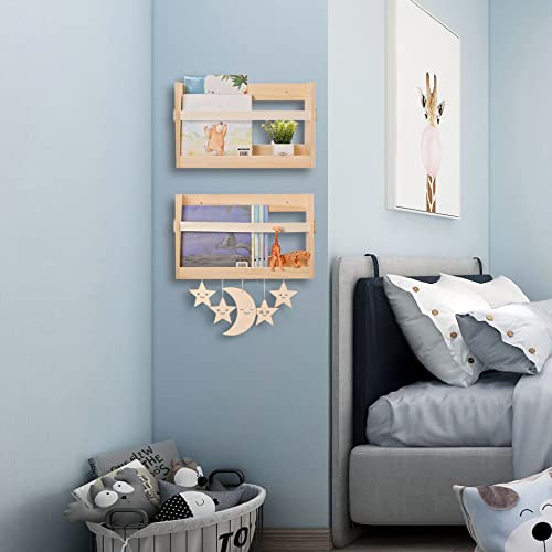 Set Of 2 Wood Floating Bookshelf For Kids Room Decor,Wall-Mounted Magazine Holder With Pu Leather Strap, Kids Bookshelf For Baby Nursery Décor, Solid Wood Wall Shelf Ideal For Books, Toys And Decor #TOP3