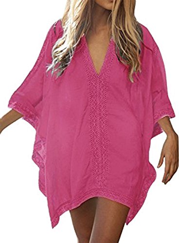 Walant Robe de Plage pour Femmes V-Cou Bikini Cache-Maillots Taille Unique Coton mélangé Dentelle Chemise Robe Couvrir Beach Maillots de Bain Cover Up, A-rose, Taille unique