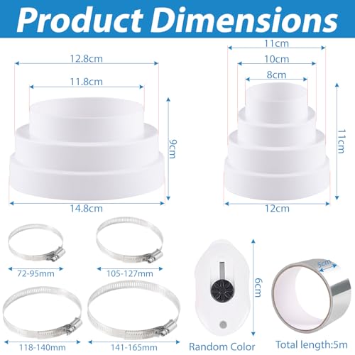 Universal Reduzierverbinder Ø80-150mm Reduzierstück Ø 80 100 110 120 130 150 mm mit Edelstahl Schlauchschellen Aluminiumfolienband ABS Reduzierstück für Lüftungssystem Lüftung Rundrohr Ventilation