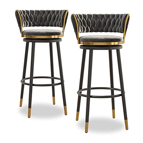 KOMFGT Juego de 2 taburetes de bar giratorios para cocina, sillas de bar de terciopelo con respaldo tejido, taburetes altos para isla de cocina con patas de metal negro, altura del asiento (gris, 65