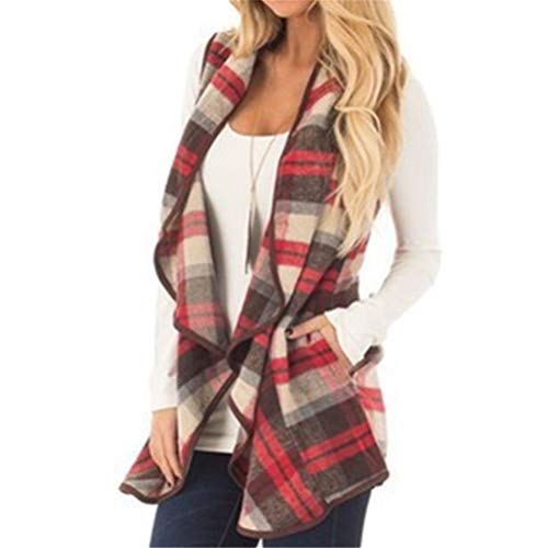 Women Vest Casual Lapel Open Front Hem Plaid Vest Cardigan Sleeveless Jacket Coat with Pockets Red