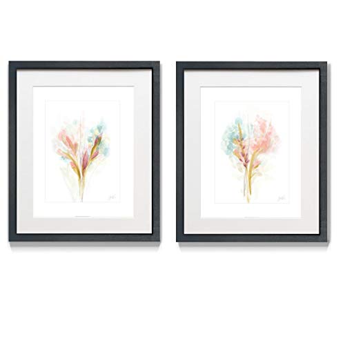 Renditions Gallery Floral Trace Watercolor 2 Framed Artwork Set, Colorful Botanical, Flower Art, Yellow, Pink, Blue Black Matte Frame, White Mat & Plexiglass, 16 In W X 20 In H, Made in America