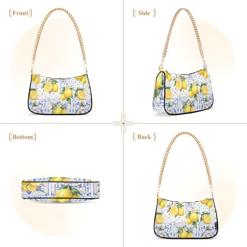 Image of Shoulder Bags for Women Vintage Yellow Lemon Fruit and Blue Print Hobo Tote Handbag Small Clutch Purse with Zipper Closure