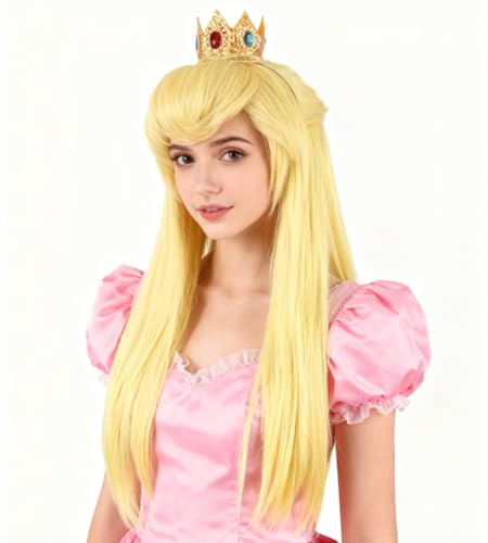 NiceLisa Peach Prinzessin Lange Gerade Goldene Gelbe Frauen Halloween Cosplay Kostüm Perücke aus Synthetischen Fasern
