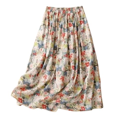 Women Retro Oil Painting High Waist Slim A-Line Midi Skirt