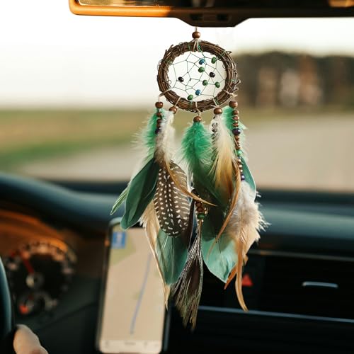 Mini Dream Catcher for Car Rear View Mirror Accessories - Handmade Small Green Dreamcatchers Boho Car Charm Interior Native Ameican Indian Ornament Room Decor