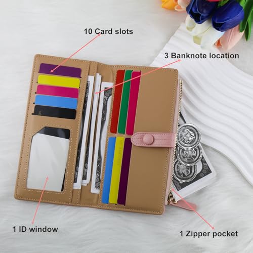 Women Wallet, Bifold Leather Clutch Wallet with Snap Zipper, Long Large Capacity Credit Card Wallet for Women (Pink)4