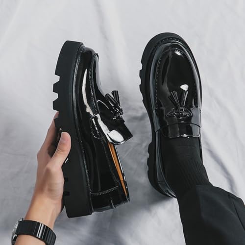 Image of Men's Patent Leather Slip-On Tassel Dress Platform Loafers Casual Non-Slip Penny Formal Shoes Business Party Wedding Prom Moccasins Boat Shoes