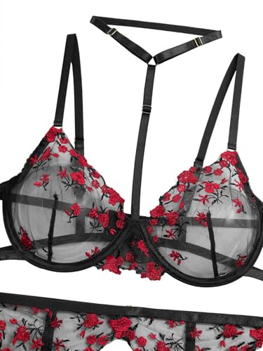 Image of Lilosy Sexy Choker Floral Lace Scallop Sheer Underwire Push Up Garter Belt Lingerie Set 3 Piece