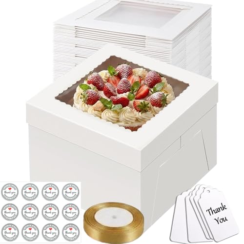 Fukmory Lot de 5 boîtes à gâteau blanches de 25,4 x 25,4 x 20,3 cm avec fenêtre et 5 planches rondes à gâteau blanches, autocollants, ruban doré et...