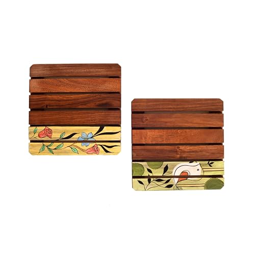 Image of Nature Motif Wooden Slatted Coasters (Set of 2) ? Heat Resistant, Non-Slip Drink Coasters for Coffee, Tea, and Glassware ? Rustic Eco-Friendly Table Decor