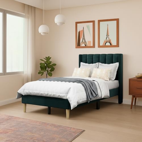 Image of Wooden Upholstered Bed Single Size Without Storage | Wrought Iron Single Size Cot with Headboard | Upholstered Bed for Bedroom | Palang Furniture for, Living Room, Dark Green, (Dark Green)