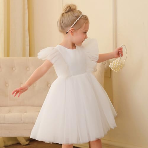 AGQT Flower Girl Dress V-Back Ruffle Sleeve Dresses Girls Tulle Dress for Wedding First Communion with Bow-Knot 3T-9T3