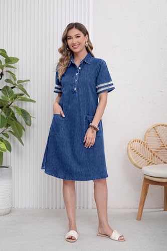 Image of utcoco Denim Dress for Women 2026 Casual Tulle Short Sleeve Button Jean Midi Dress with Pockets